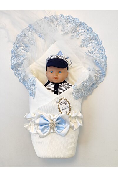 Tomuycuk Blue Lace Baby Blanket - 100% Cotton Swaddle Mawlid Gift for Newborn