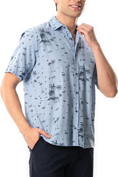 Eliş Şile Bezi Καλοκαιρινό πουκάμισο με κοντομάνικο βαμβακερό Ice Blue Ice Horses