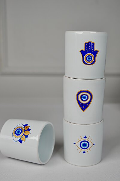 Vivas Double Nazar Bocuk Set of 4 Handleless Double Turkish Coffee Cup Set