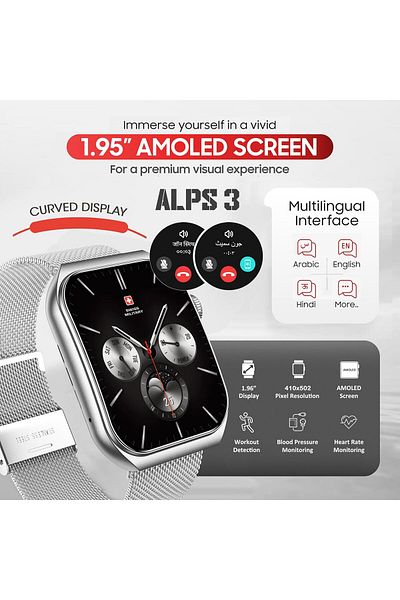 Swiss Military Alps3 Smartwatch 1.96'' AMOLED,BT Calling,Fitness Tracking,Wireless Charging,7-Day Battery-Silver