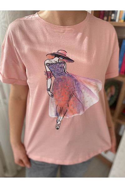 sharin Tricou de damă din bumbac brodat cu piatră roz 4c-5032
