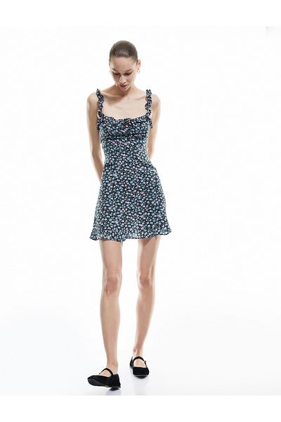 Koton Rochie mini din viscoză florală cu volan, guler pătrat