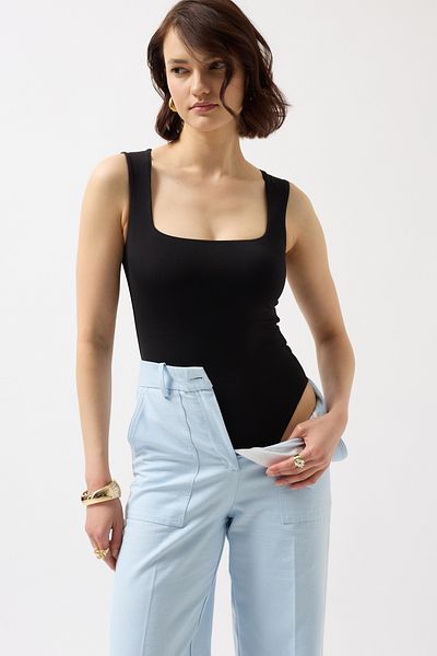 Black Fashion Square Neck Thick Strap Black Bodysuit