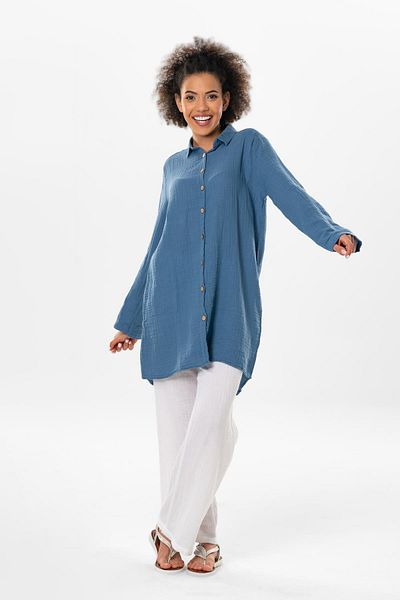 Eliş Şile Bezi Large Size Long Sleeve Sedanur Shirt Collar Summer Muslin Tunic Indigo Indg