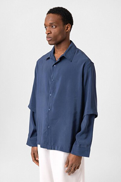 Vamos Çift Kol Detaylı Oversize Gömlek İndigo