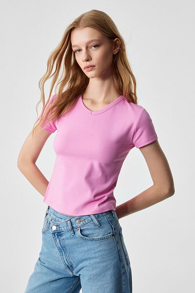 GRIMELANGE Masrouti Women Slim Short V-Neck Short Sleeve Pink T-Shirt