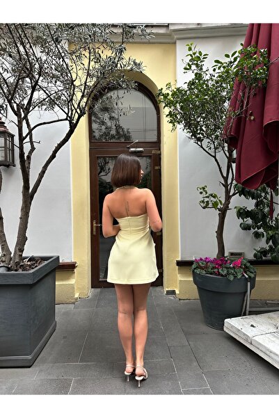 YOUR NAME Boyundan Askılı Sarı Mini Elbise