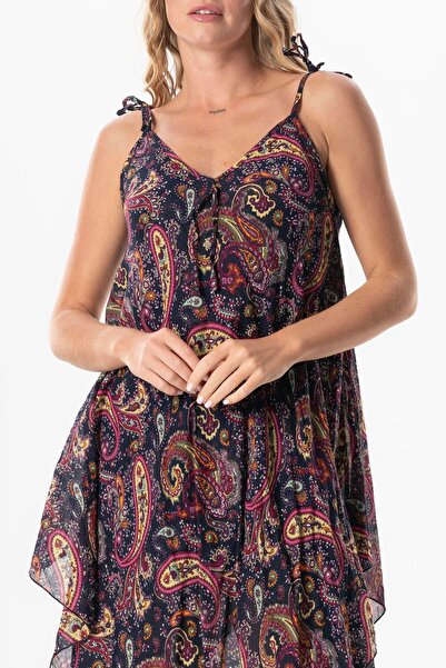Eliş Şile Bezi Aphrodite Midi Length Summer Dress Wrap and Navy Blue 6215