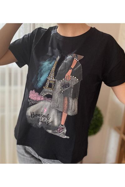 sharin Tricou de damă din bumbac brodat cu piatră neagră 4c-5031