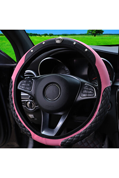 Choice غطاء عجلة قيادة من الجلد اللامع باللون الوردي مع تاج مطرز من مادة البو...