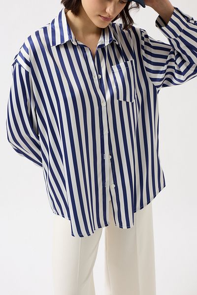 Black Fashion Striped Satin Navy Blue Shirt