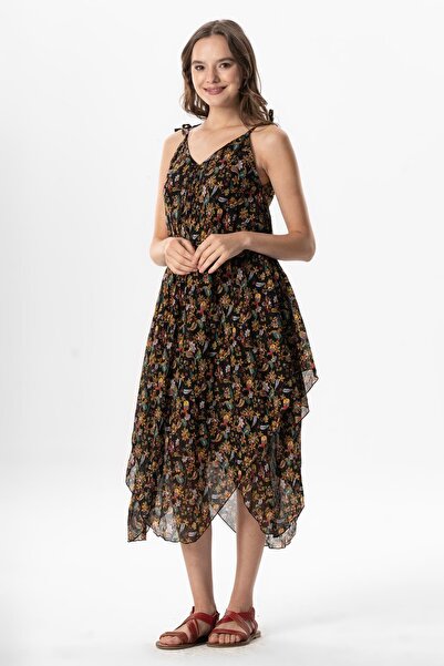 Eliş Şile Bezi Aphrodite Midi Length Summer Floral Dress Black 6240