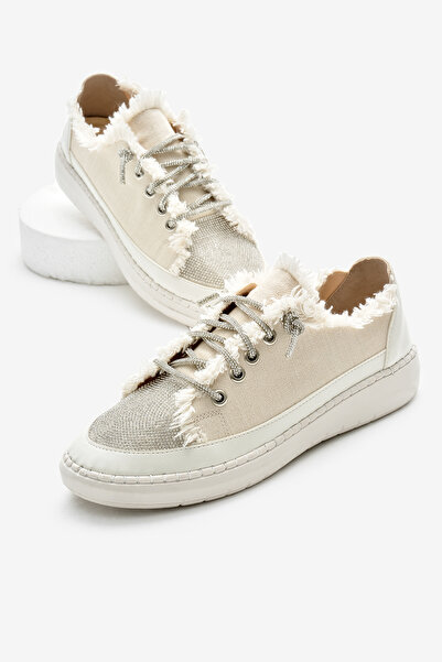 Tonny Black Kadın Bej Poli Taban Denim Kumaş Taşlı Bağcıklı Spor Ayakkabı