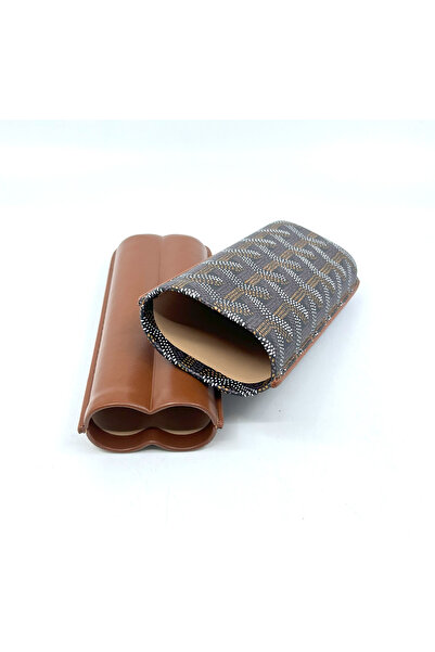 Parmida Deri Puro Kılıfı/Seyahat Humidoru İkili - Kahverengi (Desenli)