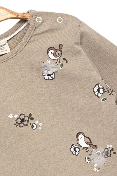 Divonette Baby Girl 100% Cotton Beige Sweatshirt - Bird Pattern, Soft Texture