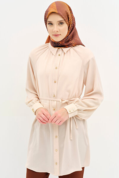 Tuğba Büzgülü Çift Kat Kemerli Tunik - Taş