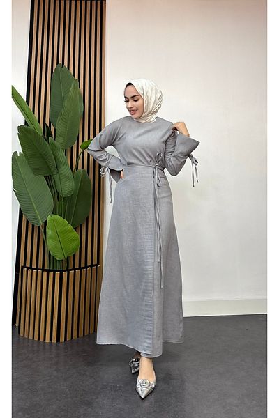FREEMİH TEKSTİL Linen Skirted Double Suit with Drawstring at the Waist Gray
