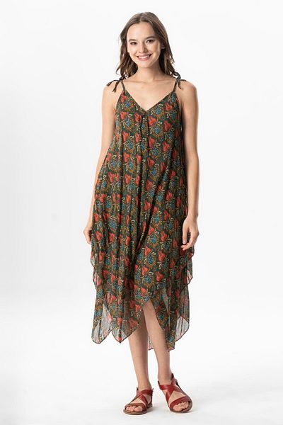 Eliş Şile Bezi Φόρεμα Aphrodite Midi - Πράσινο Τουλίπα, με λουράκι Voile Summer Style 6226 Model