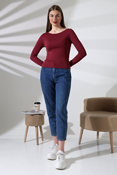 Endies Uzun Kollu Kayık Yaka Vücudu Saran Basic Kadın Body T-Shirt 21897 BORDO