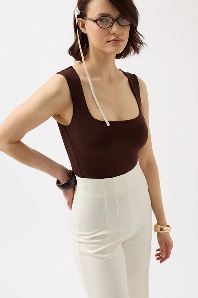 Black Fashion Square Neck Thick Straps Brown Bodysuit