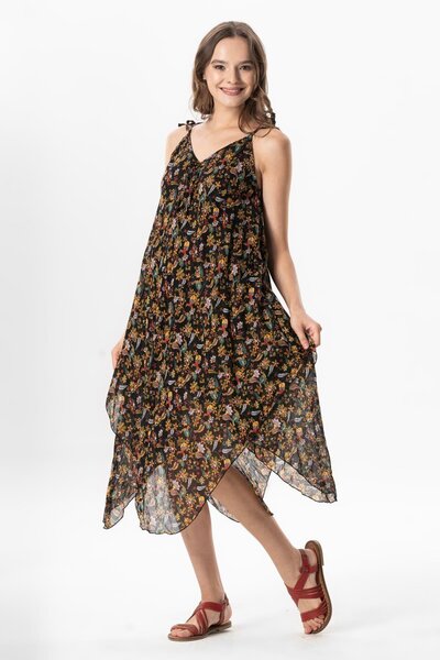 Eliş Şile Bezi Aphrodite Midi Length Summer Floral Dress Black 6240