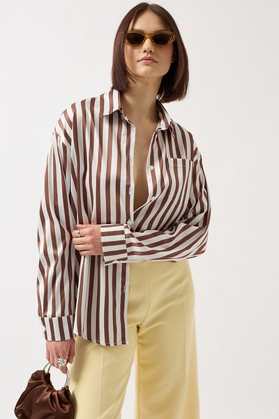 Black Fashion Striped Satin Brown Shirt