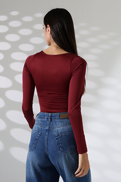 Endies Square Neck Long Sleeve Women's Tank Top with Six Panties and Snap Fastener - T-Shirt 21940 Bordo