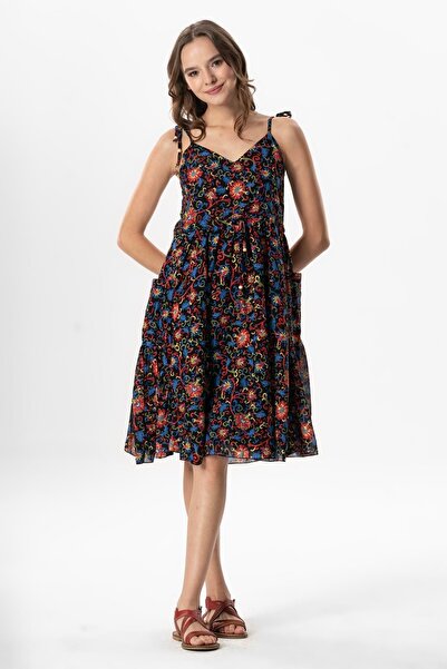 Eliş Şile Bezi Rochie etnică scurtă de vară Melisa cu bretele negru