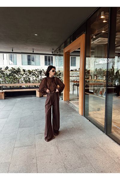 SANX Women's Brown Chiffon Shirt Loose Fitting Long Sleeve Lacing Lapel Special Occasion Invitation Office Modern Shirt