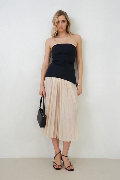 Setre Black-Ecru Strapless Waist Skirt Pleated Detailed Dress