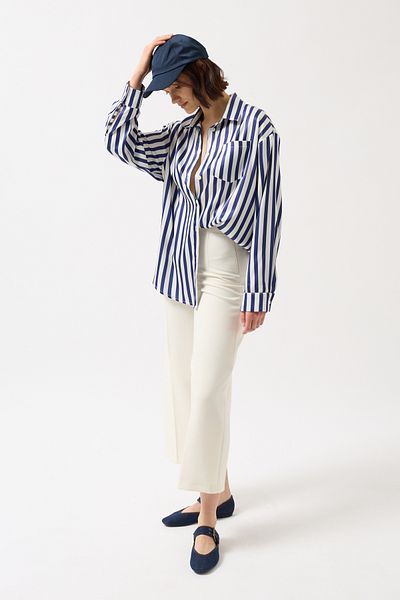 Black Fashion Striped Satin Navy Blue Shirt