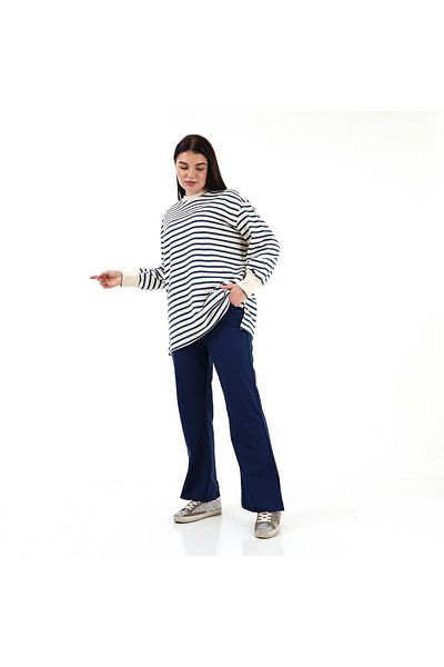Aselim Hijap Moda Ριγέ Sweat Balloon Sleeve Διπλό Αθλητικό Σετ Navy Blue