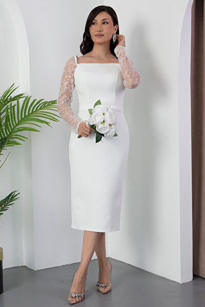 PULLIMM Kalp Yaka Kollar Tül Boncuklu Atlas Elbise BAL127