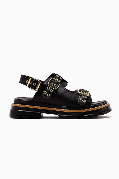 Limoya Julija Black Double Banded Stud Detailed Thick Sole Women's Sandals