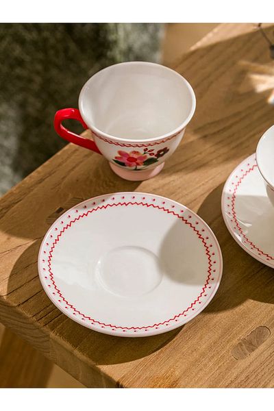 LC Waikiki Lcw Home Pink Flower Printed 2-Person Porcelain Coffee Cup Set 90 ml