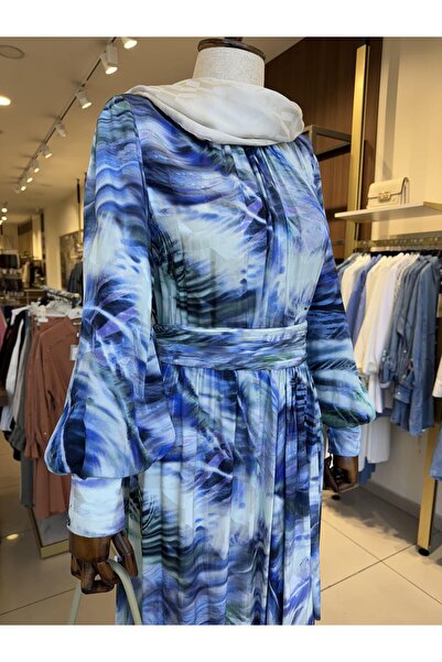 Zühre ÇİÇEK DESENLİ ELBİSE MAVİ 0455