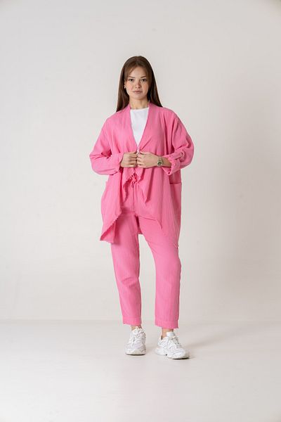 VerdeBlanco Pink 100% Cotton Shawl, Cardigan and Pants Set