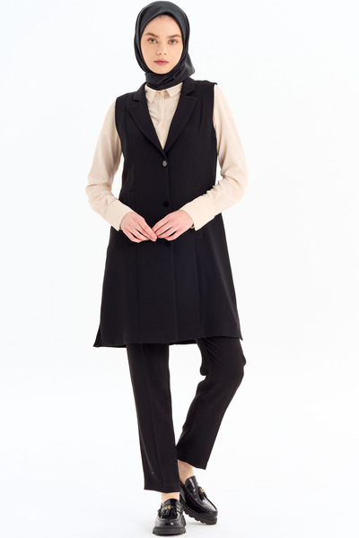 Tuğba Blazer Yaka Yırtmaçlı Yelek - Siyah