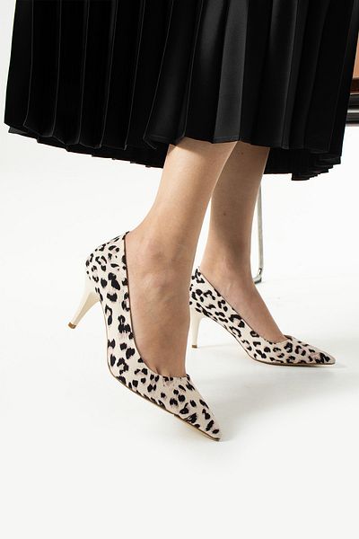 Güllü Shoes Beige Leopard Patterned Satin Women's Heeled Shoes 7 cm Pointed Toe Stylish Daily Office Special Occasion Combination