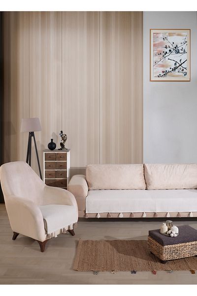 Lux Touch Liva Pompom Ecru Armchair - 1 Armchair Combination 115X90 cm