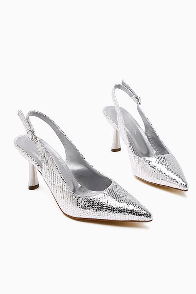 Limoya Pantofi cu toc pentru femei Moira Silver din piele lacuita cu textura din piele