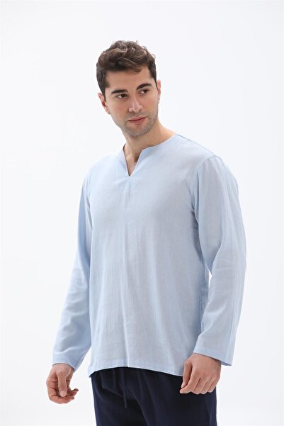 Eliş Şile Bezi Καλοκαιρινό μπλουζάκι με μακρύ μανίκι σε μεγάλο μέγεθος, υφασμάτινο μπλουζάκι με λαιμόκοψη, Ice Blue 3027