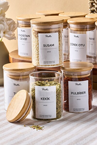 Perotti Eraldo 12-Piece Bamboo Lid Borosilicate Glass Spice Jar 200 ml 8X6 cm with 30 Labels Gift
