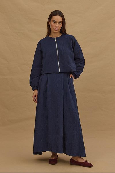 Fahhar Navy Blue Striped Bomber Skirt Suit
