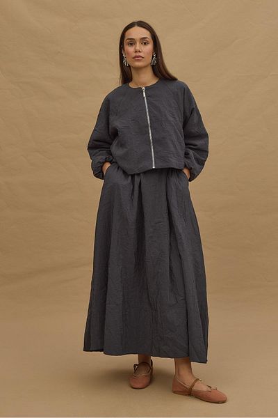Fahhar Anthracite Cropped Bomber Skirt Suit