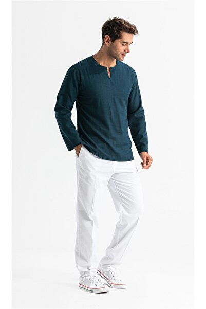 Eliş Şile Bezi Ανδρικό καλοκαιρινό μπλουζάκι με μακρύ μανίκι, υφασμάτινο, με λαιμόκοψη, σκούρο βενζίνι 3069