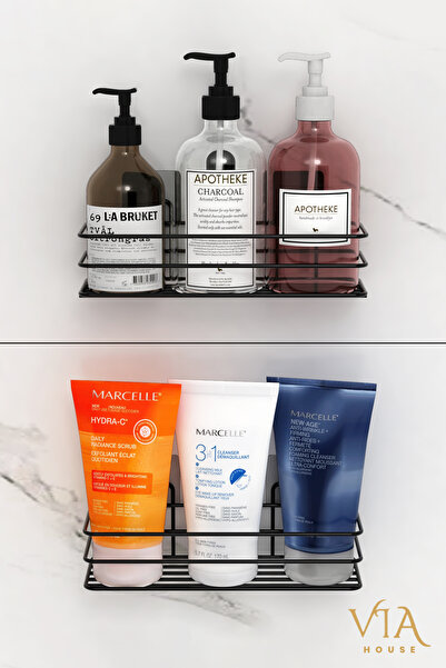 VİE HOUSE Μαύρη αυτοκόλλητη θήκη σαμπουάν για οργάνωση μπάνιου, Σετ 2 τεμαχίω...