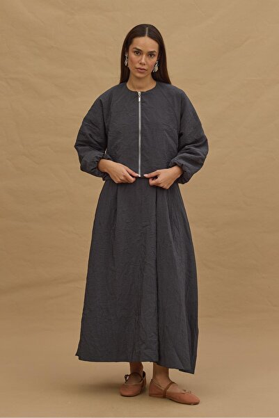 Fahhar Anthracite Cropped Bomber Skirt Suit