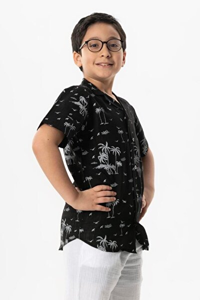 Eliş Şile Bezi Short Sleeve Şile Cloth - Printed Children's Summer - Black Shirt