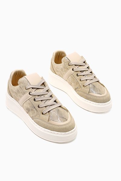 Limoya Julissa Beige Suede Shiny Patterned Thick Sole Women's Sneakers
